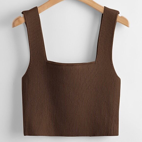 Tops - Coffee Brown Casual Women's Solid Ribbed Knit Top
